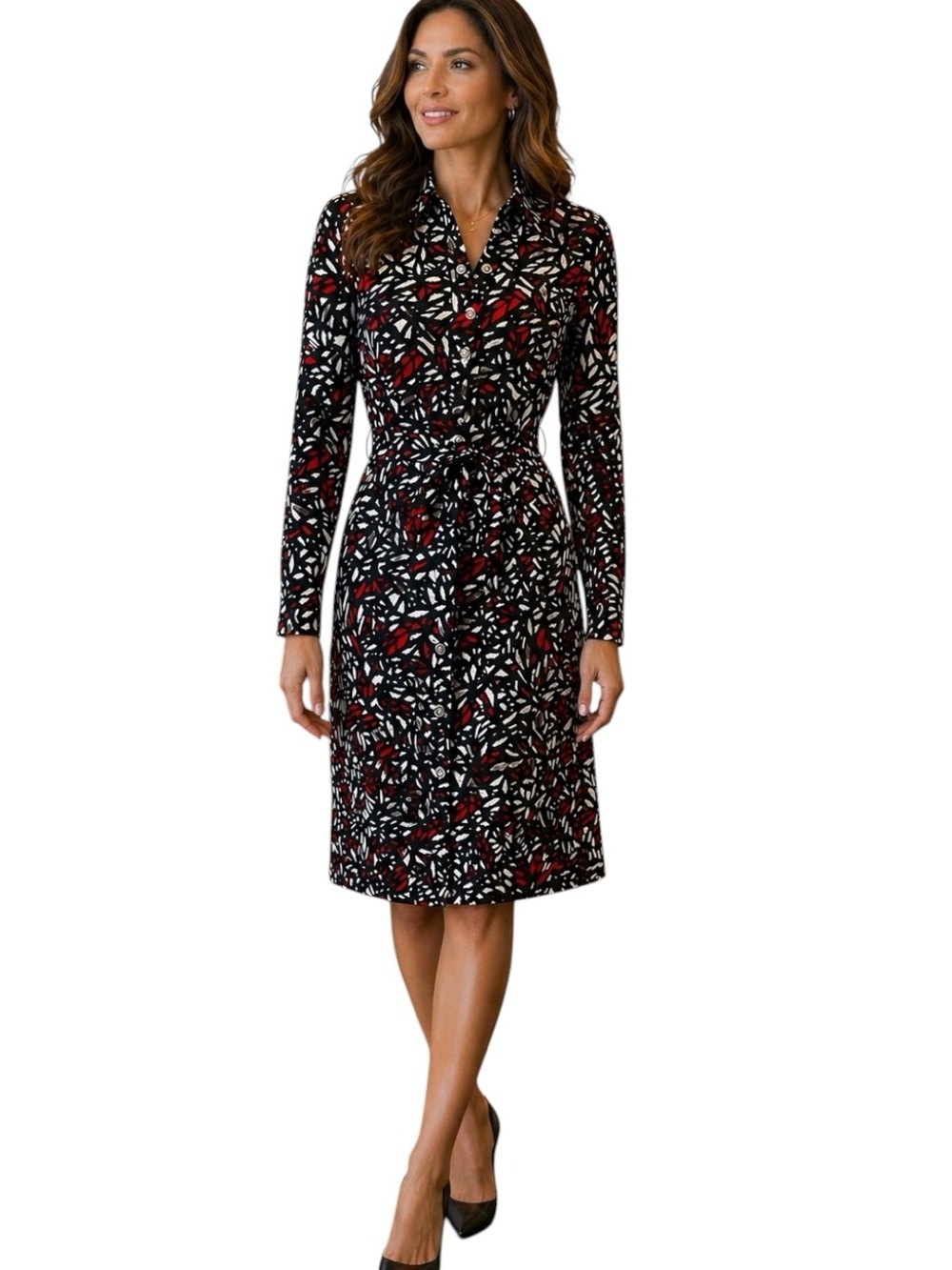 St John Sport Printed Shirt Dress Belted Button Front Knit Dress‎ Petite